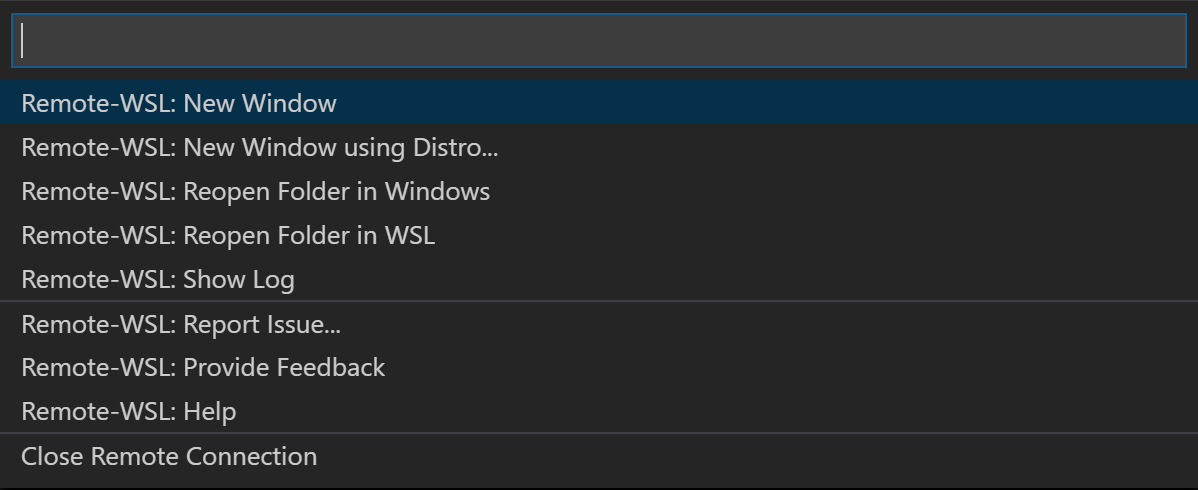 The VSCode editor showing the Remote WSL Commands available