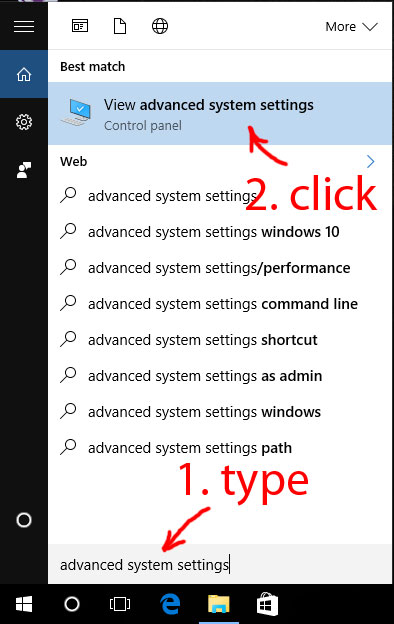 Search for advanced system settings