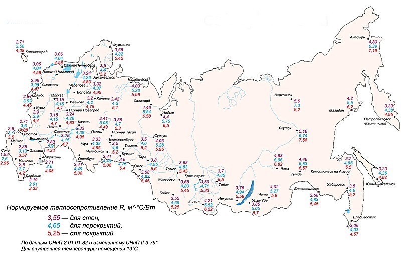 Карта-схема для определения нормативного значения сопротивления теплопередаче для строительных консрукций (по регионам РФ)