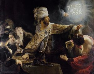 Belshazzar’s feast by Rembrandt, 1634 to 1639, biblical story origin of idiom writing on the wall